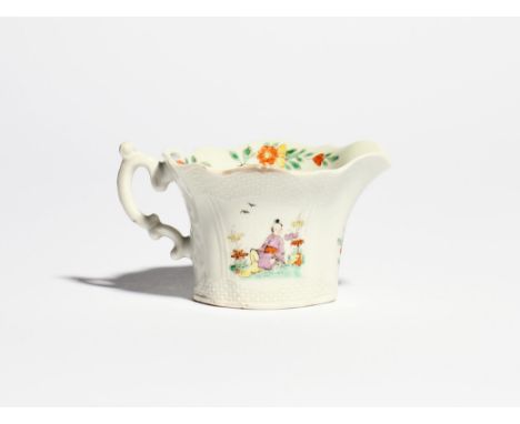 A Worcester creamboat c.1753-54, of flared oval shape, the body moulded with basketweave reserving panels of colourful Chines