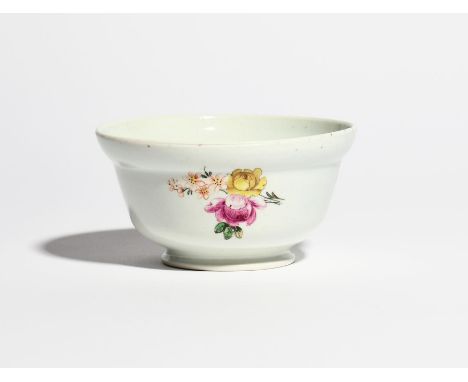 A Vauxhall sugar bowl  c.1755-58, of slight ogee form, painted in polychrome enamels with sprays of pink and yellow roses, a 