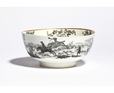 A Worcester bowl  c.1770-75, the exterior printed in black with a continuous scene of the The Fox Hunt after a painting by Ja