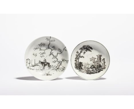 Two Worcester saucers  c.1755-65, one pencilled in black with the Boy on a Buffalo pattern, the other printed with figures be