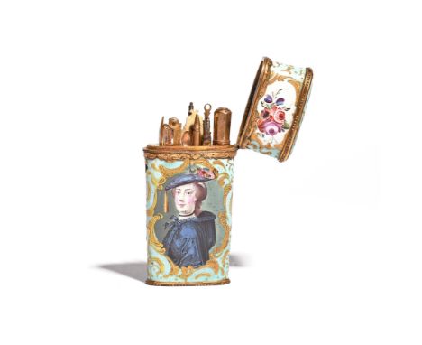 An English enamel etui of theatrical interest  c.1760-65, the flattened form painted with a portrait of the actress, Mrs Mary