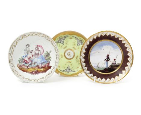 A Continental enamel saucer  dated 1790, painted with a shepherdess being presented with a bird in a cage by her suitor, insc