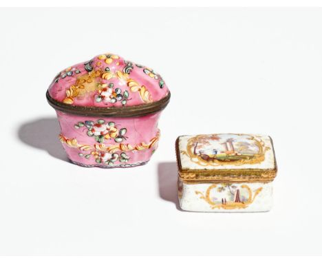 Two English enamel boxes  c.1760-70, one of unusual moulded form, decorated with polychrome flower sprays on a rich pink grou