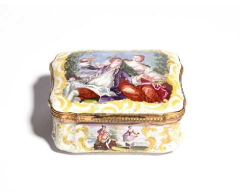 A Staffordshire enamel snuff box  c.1760-65, of unusual serpentine form, decorated to the lid with a bacchanalian scene of a 