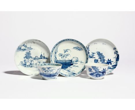 Two Liverpool blue and white teabowls and saucers  c.1756-60, one William Reid and painted with windswept trees beside a low 