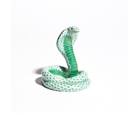 A Herend figure of a cobra, modern, its hooded head rising from its coiled body, decorated in green scales with gilt highligh
