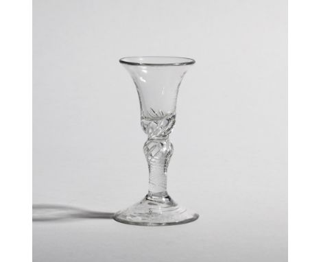 A small wine or gin glass  c.1760, the bell bowl rising from an airtwist stem, the twist extending to the base of the bowl, a