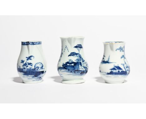 Three English porcelain blue and white milk jugs  c.1760-70, one Richard Chaffers (Liverpool) and painted with a bridge linki