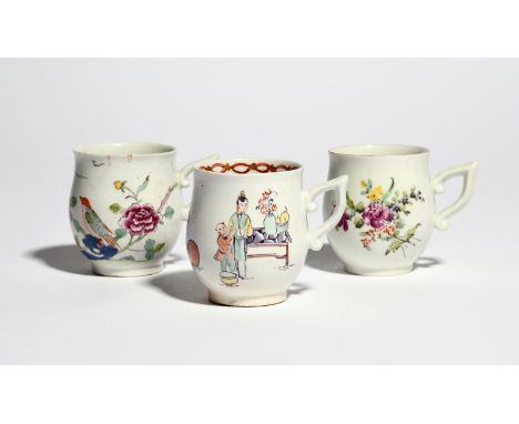 Three Derby coffee cups c.1756-60, of bell shape with wishbone handles, one painted with confronting cockerels and a Chinese 