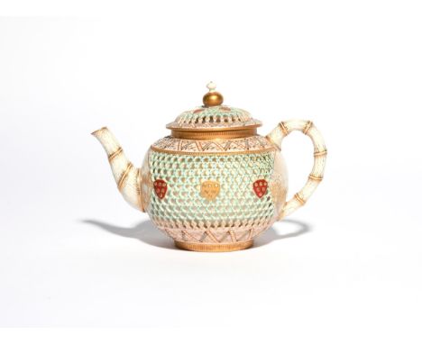 A Royal Worcester double-walled teapot and cover  date code for 1883, probably by George Owen, around the spout and handle gi