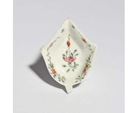 A Worcester pickle leaf dish  c.1753-54, of simple ivy leaf shape, decorated in polychrome enamels with sprays of flowering O