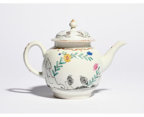 A Worcester teapot and cover c.1770-75, the globular body decorated with an unusual version of the Two Quail pattern, the two