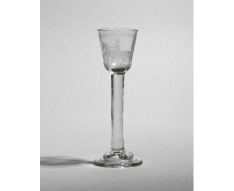 An Irish Williamite small wine glass  c.1760-70, engraved with an equestrian portrait of William III beneath a banner inscrib