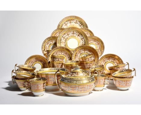 A Spode part tea service  c.1815-25, brightly decorated in pattern 1930 with a dense formal foliate design in gilt and iron r
