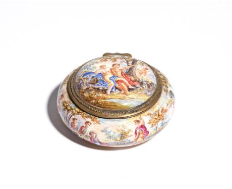 A Continental enamel snuff box  c.1750-60, probably German, the circular form painted with a courting couple being spied on b