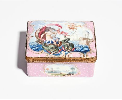 A South Staffordshire snuff box  c.1760-65, finely decorated to the lid with Venus in a shell chariot drawn by two dolphins, 