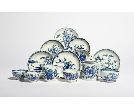 A group of Worcester blue and white teawares  c.1760-70, including two teabowls, three saucers and a mustard pot and cover pa