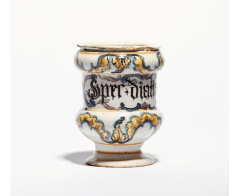 A North Italian maiolica albarello  c.1740, of small dumbbell form, inscribed 'Sper diatiagent' in manganese between blue and