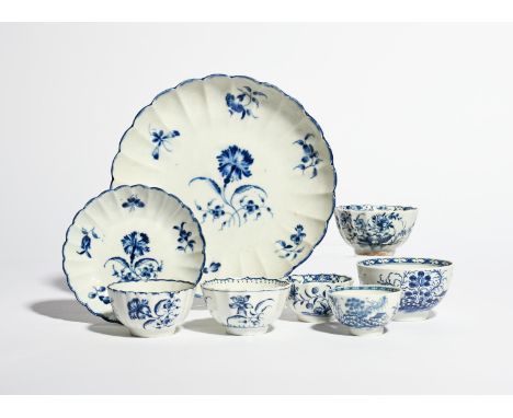 A group of Worcester blue and white teawares  c.1760-70, of varying fluted form, including a teabowl and saucer with coffee c