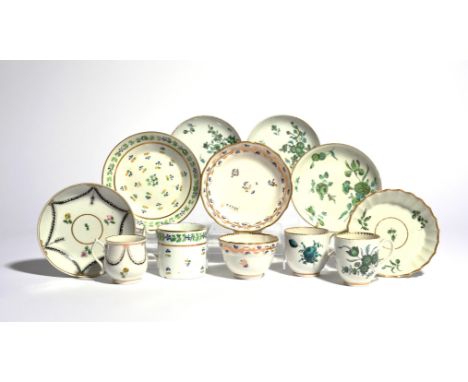 A group of teawares  18th and early 19th century, including two Chinese saucers probably London-decorated with flowers in gre