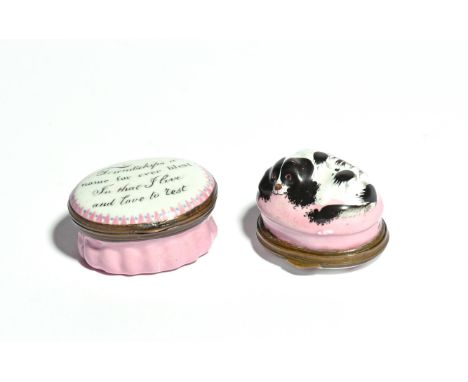 A Bilston enamel bonbonnière c.1780, formed as a cavalier spaniel asleep on a rounded pink cushion, the base painted with flo