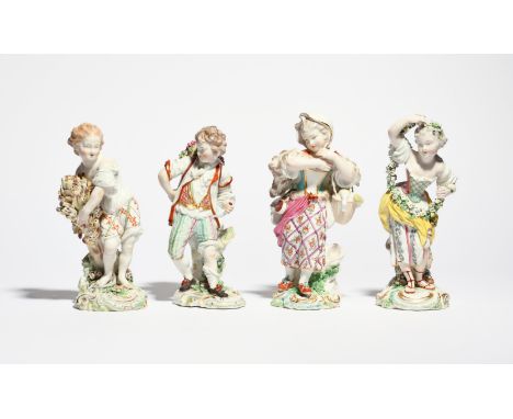 A set of Derby figures of the Four Seasons  c.1765-70, modelled as children in animated poses with varying attributes, Spring