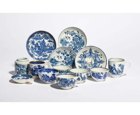 A group of Worcester blue and white teawares  c.1765-75, including two teabowls, a teacup, two saucers and a mustard pot prin