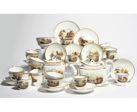 A Spode part tea service  c.1815, moulded with sprays of flowers and leaves, painted with bucolic landscape scenes, some piec