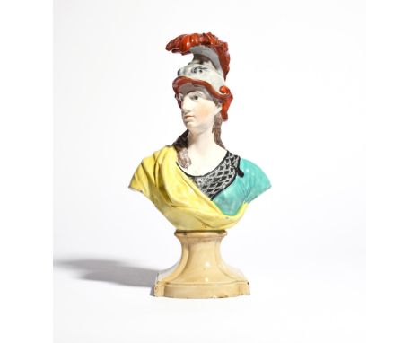 A Staffordshire bust of Minerva  c.1800-10, probably Ralph Wood, her head turned slightly to the right, wearing a plumed helm