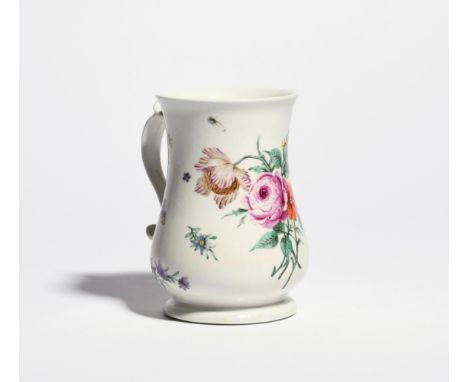 A Worcester baluster mug  c.1755-60, finely painted in the Meissen manner with a large spray of flowers including pink rose, 