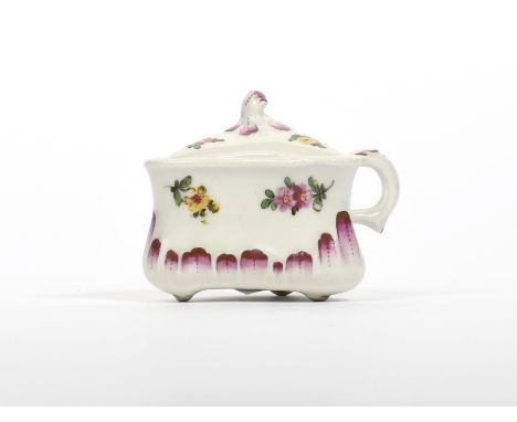 A Vienna triangular custard cup and cover  c.1770, painted with small floral sprays above a purple stylized leaf border, blue