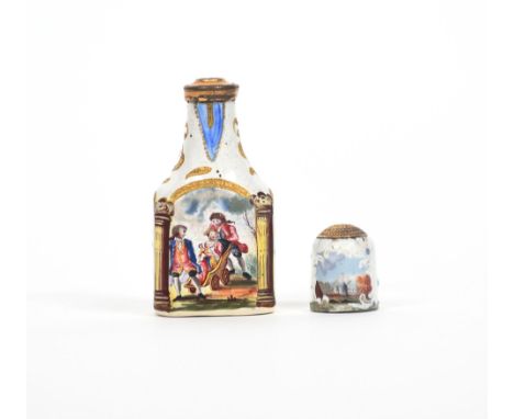 A Staffordshire enamel scent flask and a thimble  c.1770, the flask of flattened rectangular form, painted to one side with a