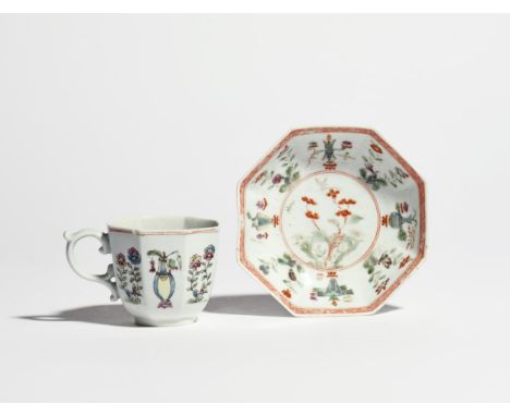 A Worcester octagonal saucer  c.1753-55, painted in the Chinese style with flowering plants and elaborate vases, and a Worces