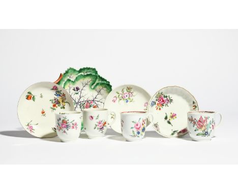 Two Worcester coffee cups and three saucers  c.1760-75, and two Liverpool coffee cups, variously decorated with polychrome fl