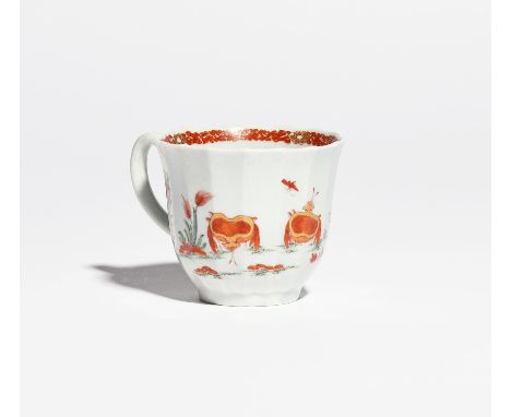 A Worcester coffee cup c.1755-60, of Warmstry-fluted form, brightly enamelled with the Red Crabs pattern in the Kakiemon pale