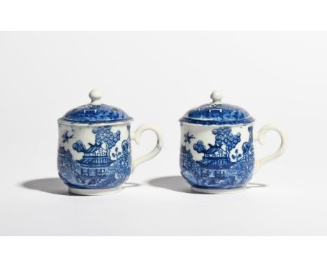 A pair of Caughley blue and white custard cups and covers c.1775-90, printed with the Willow Nankin pattern, blue S marks, 8c