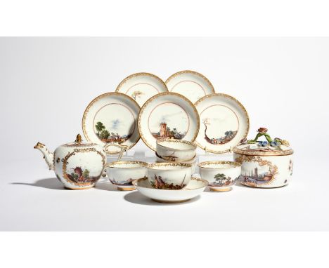 A Meissen composite part tea service  c.1740, painted with scenes of figures in harbours and rural landscapes, within gilt sc