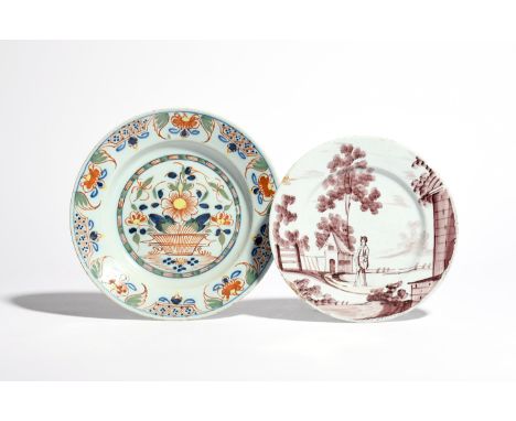 Two delftware plates  mid 18th century, one London and painted in red, green, yellow and blue with a basket of flowers, the o