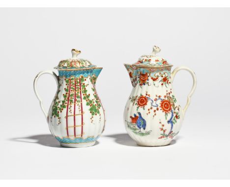 Two Worcester hot water jugs and covers c.1765-75, of reeded form, one painted with a version of the Hop Trellis pattern, wit