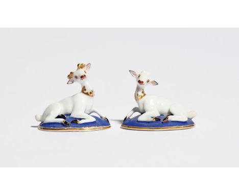 A pair of miniature Chamberlain Worcester figures of deer  c.1820-30, modelled as a stag and doe recumbent on oval blue bases