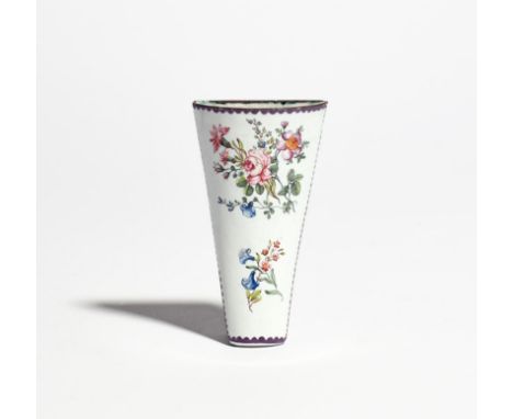 An English enamel posy holder c.1770-80, formed as a half cone painted with flowers including rose, convolvulus and carnation