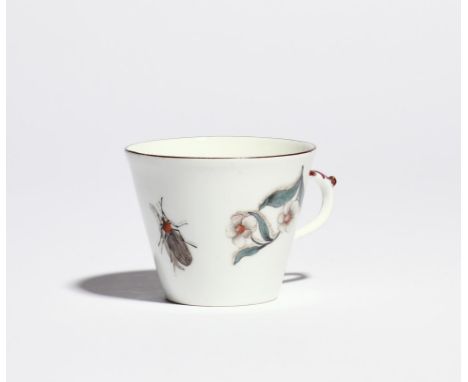 A Meissen flared cup  mid 18th century, finely painted with Holzschnittblumen and insects with shadows on a white ground, the