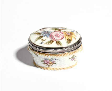 A Mennecy silver-mounted snuff box   c.1750, the sides moulded with basket weave and painted with small flower sprays, the co