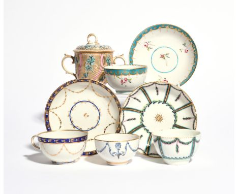 Two Chelsea-Derby teabowls and saucers  c.1770-75, one painted with pink roses within a turquoise and gilt rim, the other wit