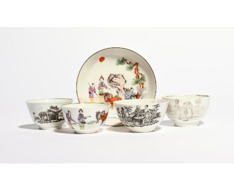 A Worcester teabowl and saucer c.1756-60, printed and hand coloured with the Red Bull pattern, and three teabowls printed in 