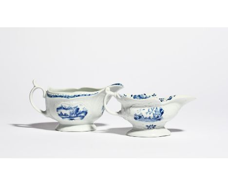 Two Worcester blue and white sauceboats c.1758-62, one strap moulded and painted with the Fisherman and Billboard Island patt