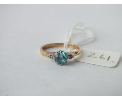 Blue zircon ring with diamond shoulders set in 9ct, size K, 2.1g