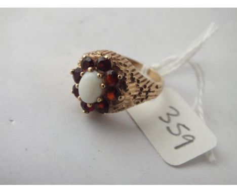 Opal and garnet cluster ring set in 9ct, size M, 5.2g