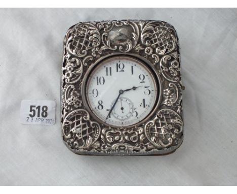 Travelling clock in embossed silver case – B’ham 1900   