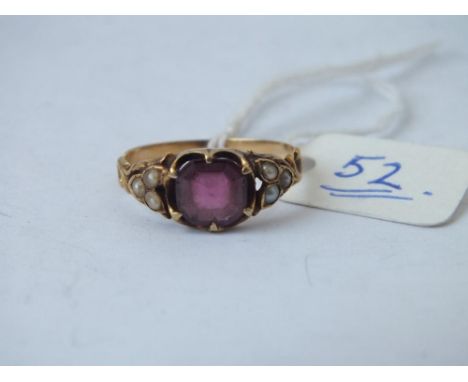 Antique garnet and pearl ring set in gold scroll mount, size N  